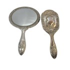 Vintage 2pc Silver Repousse Vanity Set Handheld Mirror And Brush