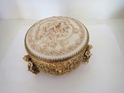 Vintage Jewelry Hinged Box Gold Filigree Ceramic Lid W  Cherubs Raised Relief