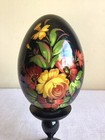 Vintage Russian Hand Painted Black Lacquer Floral Egg On Wooden Pedastal 6 5 h