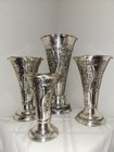 Vtg 4 Leaves   Flowers Rippled Rim Middleeastern Hammered Tinned Copper Vase Set