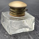 Antique Clear Glass Inkwell With Brass Hinged Lid Squared Hs291