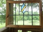 Antique English Stained Glass Window Gold   Blue Geometric Design 15 5 X 19 3 4