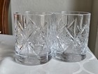 Pair Dewar s Scotch Whiskey Glasses Embossed Trefoil Celtic Truth Knot Clear Euc