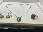 Vintage Sterling Silver Necklace Ring  Earrings Set With Brown Ring Stone Round