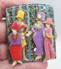 Vintage Woman Pins By Lucinda Brooch     Four Women In Blue Glitter Hats Resin Art