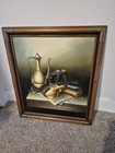 Vintage Original Still Life Oil Painting Violin With Ewer And Books French   