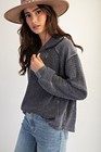 Easel Women s Thermal Waffle Knit Zip-up Washed Long Sleeve Top In Navy