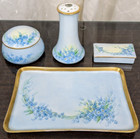Limoges Vanity Tray Blue Floral Set Forget Me Not Gold Trim 4 Pc Hand Painted