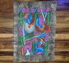 Vintage Pacific Islands Tapa Bark Cloth 22    X 15 5    Flower Bird Folk Art