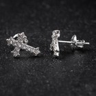 White Gold Plated 925 Sterling Silver Iced Cz Men Cross Stud Screw Back Earrings