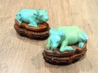 A Pair Of Vintage Chinese Carved Turquoise Oxen With Custom Fitted Stand  73 19g