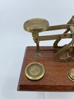 Vintage Brass Postal Scale Made In England Wood Base W  Weights Letter Balance