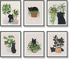 6pcs Cute Black Cat Botanical Wall Art  Green Leaves Plants Boho Wall Art 