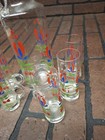 Vintage Handpainted Glass Liqure Bottle Red Blue Green 6 Shot Glasses 