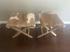 Lot Of 2 Folding Wood Stools Cowhide Brown white With Wooden Legs