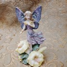 Winged Fairy Figurine Statue In Purple Dress On Flower Base With Flowers