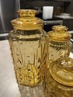    vintage L  E  Smith Imperial Amber Glass Atterbury Scroll Canister Jar 3 Pieces