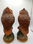 Pair Of 7  Ceramic Brown Owls Perched On Tree Stump Orange Plastic Or Glass Eyes