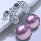 Pair Of 13-14mm South Sea Genuine Purple Lavender Round Pearl Dangle Earring 611