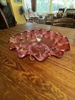 Antique Hand Blown Pointed Baffled Cranberry Glass 9 25    Candy Nut Dish Bowl