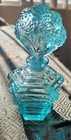 Antique Baby Blue Perfume Bottle With Floral Flowers On Stopper glass Stopp sz5 