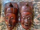 Vtg Early Midcentury Chinese Carved Hongmu Wood Masks Set 2 Bovine Teeth Faces