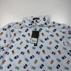 New Bad Birdie Polo Shirt Mens Large White Beer All Over Print Stretch Golf