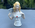Antique German 3-5 8  Porcelain Half Doll Pin Cushion  7942  W fan Curls Blonde
