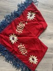 Vintage 1940s Mexican Wool Poncho Red  Embroidered Sun Flowers  Fringe