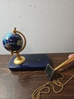 Vintage Brass Holder Sheaffer Pen Set Globe Semi Precious Stones Blue Base