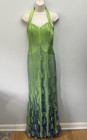 Mary L Couture Gown 8 Green Fitted Halter Bodice Blue Floral Lace Formal Prom