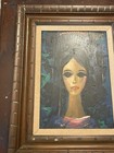 Vintage Mid Century Modern Big Eyes Woman Portrait Oilpainting Signed Framed Mcm