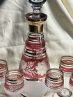Vintage Cranberry Bohemian Style cordial Decanter With 6 Glasses Gold Band