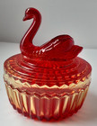Vintage Jeanette Amberina Glass Powder Jar   Swan Lipstick Holder Lid Candy Dish