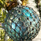 Japanese Glass Fishing Float Vintage 6in Aqua Blue    hand Blown With Original Net
