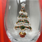 Set Of 2 Rhinestone Christmas Tree Stemless Wine Glasses Red Green Gold