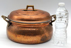 Vintage French Copper Hammered  Lidded Casserole With Double Brass Handles