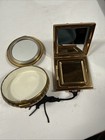 2 Vtg  Art Deco Ladies Guilloche Enamel Powder Compact Pink Roses Brushed Gold