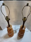 Mcm Table Lamps Pair Retro Orange Ceramic Wood Vintage 70 s