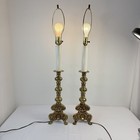Vintage Lamp 20th Century Brass Candlestick Style Table Lamp Triangle Base Pair 