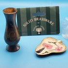 Vintage Solid Brass 2 Pc Vanity Set Miniature Bud Vase Enamelled Leaf Trinket   
