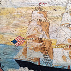 Antique Large Tole Round Tray Clipper Ship Painted Nautical Decor Reticulated