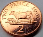 Bailiwick Of Guernsey Two Pence 1999 Cow Coin - Low Mintage - Km 96 - 26mm - Bu