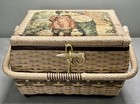 Vtg Wicker Sewing Basket Tapestry Lid Victorian Style Boy Girl Scene Toggle
