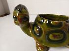 Vintage Glazed Ceramic Turtle Planter  Green Pottery Figurine  Slight Nick Retro