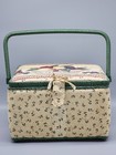Vintage Sewing Basket Green With Flowers Wrapped Fabric Handle Grannycore