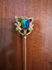 Antique Victorian Art Glass Blue Green Peacock Eye Hat Pin 8 stick Brass Foil