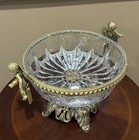Vintage Hollywood Regency Lead Crystal Centerpiece Bowl Cherub Brass Compote
