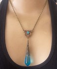 Vintage Necklace Art Nouveau Lavalier Pendant Sap-phire Blue Antique Czech Glass