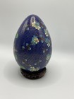 Vintage Chinese Cloisonne Enamel Egg Vase Blue Floral 8    W  Carved Wood Stand